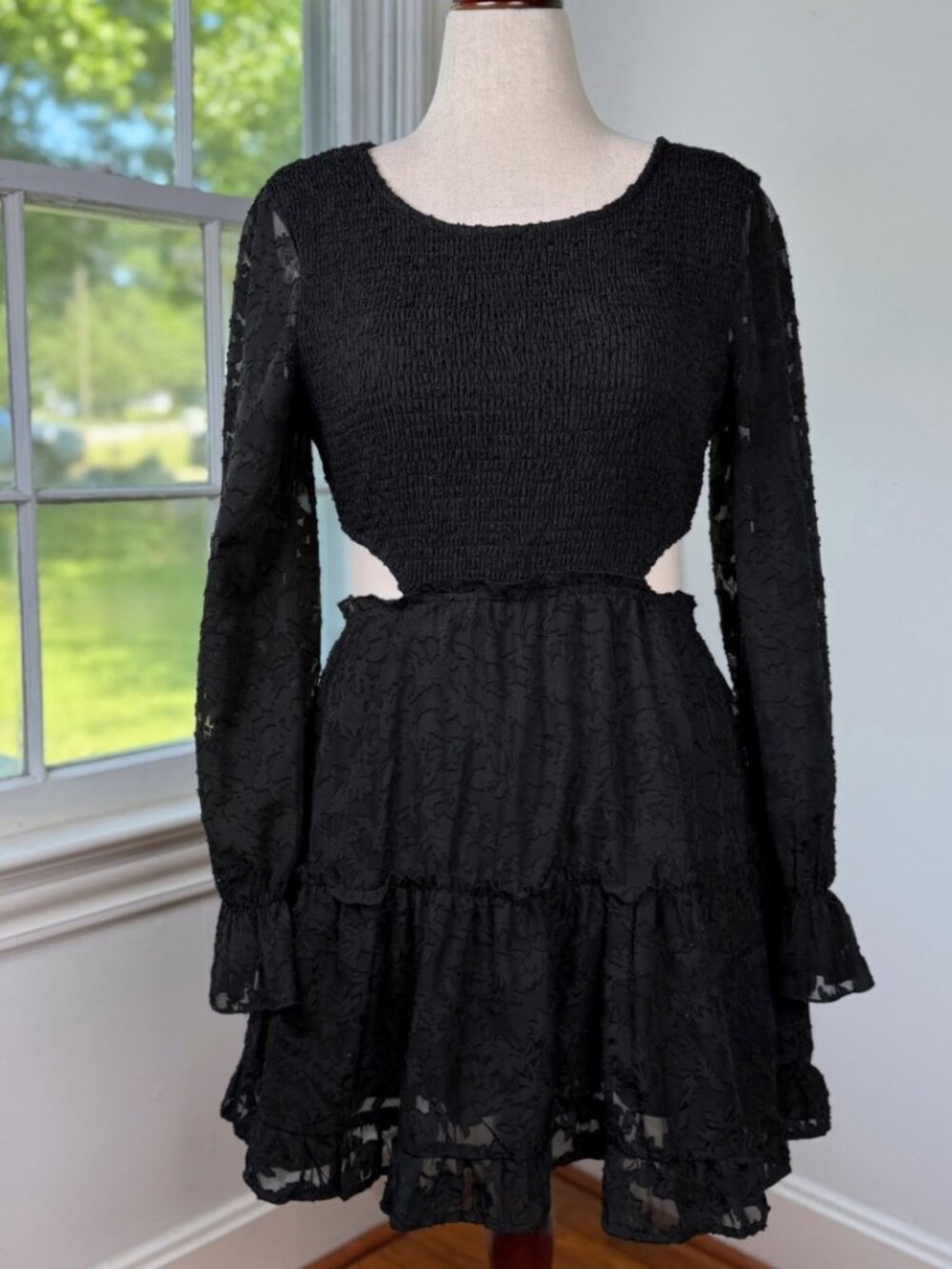 Black Tiered Lace Smocked Fit and Flare Dress Large Balloon Sleeve Whimsigoth